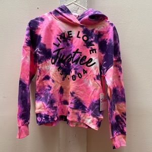 NWT Justice pink and purple tie dye hooded sweatshirt, girls size large 12/14.